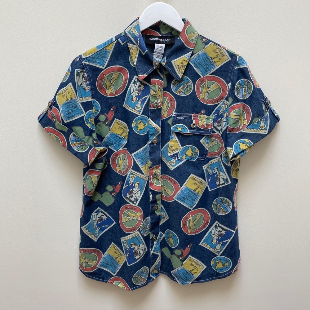 Sag Harbor Sport Novelty Retro Luggage Stickers Denim Chambray Shirt Mens Medium